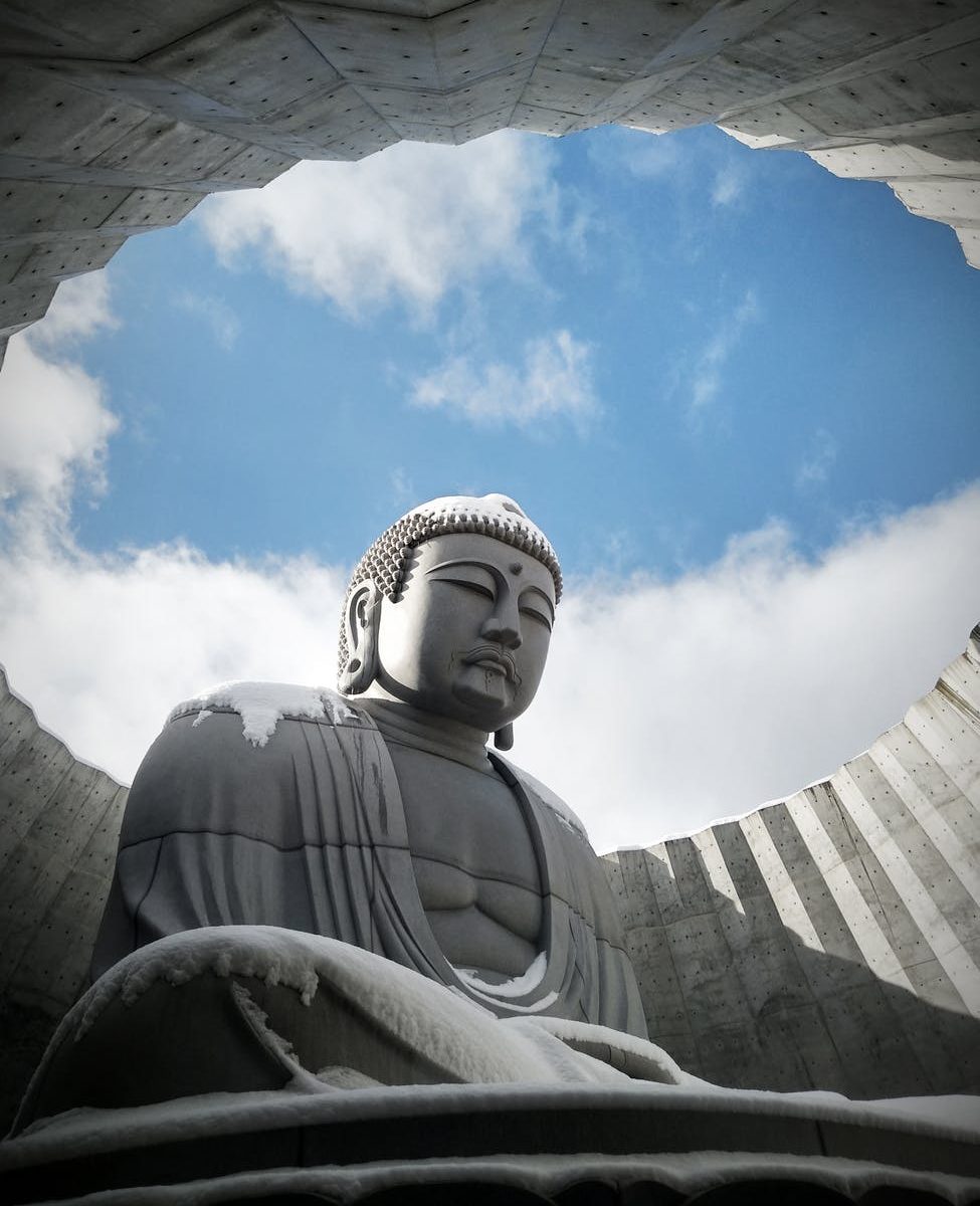low angle photography of buddha statue under blue sky